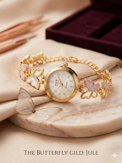Elegant Butterfly Charm Gold Plated Adjustable Ladies Bracelet Watch