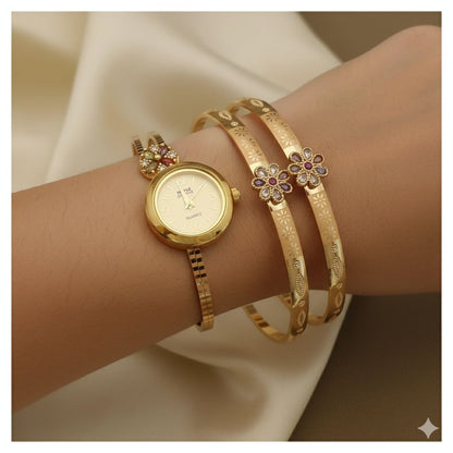 Micro Gold Plated And Diamond Studded Fancy Adjustable Bangle with Adjustable Bracelet Watch