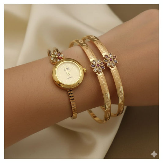 Micro Gold Plated And Diamond Studded Fancy Adjustable Bangle with Adjustable Bracelet Watch
