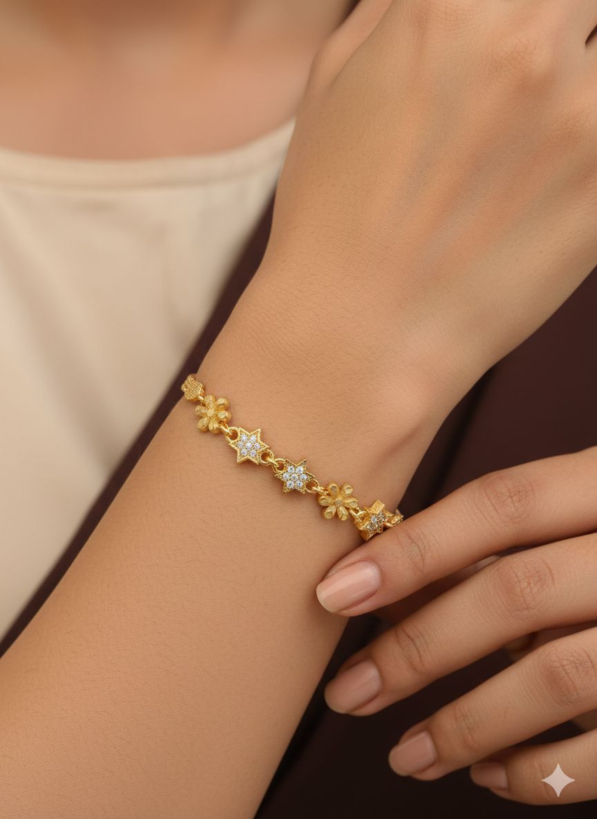 Micro Gold Plated And Diamond Studded Fancy Flower Bracelet