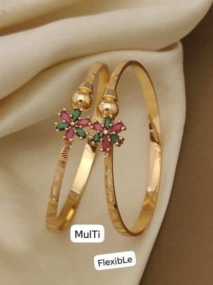 Micro Gold Plated And Diamond Studded Fancy Flower Design Adjustable Kadas Bangle