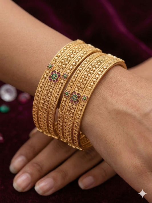 Royal Floral Filigree Micro Gold Plated Ruby & Emerald Stone Studded Fancy Bangles Set