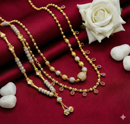 Micro Gold Plated And Diamond Studded Beaded Short Chain Combo Of 3 For Women