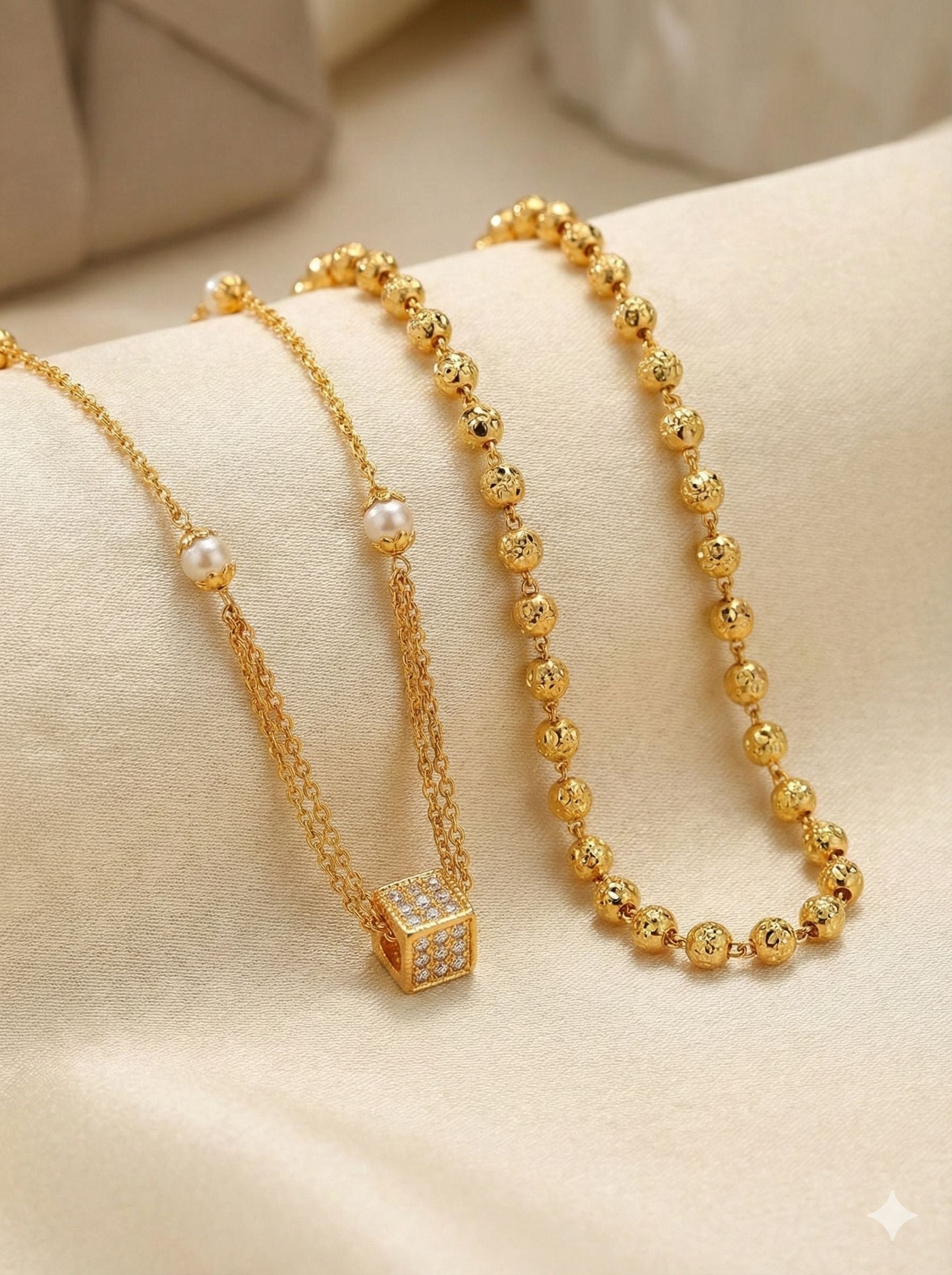 Micro Gold Plated And Diamond Cube Pendant Chain with Gold Beaded Long Ball Mala