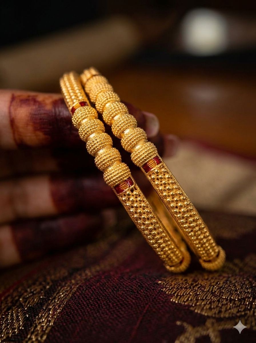 Traditional Textured Gold Kada with Ruby Accents 2 Piece