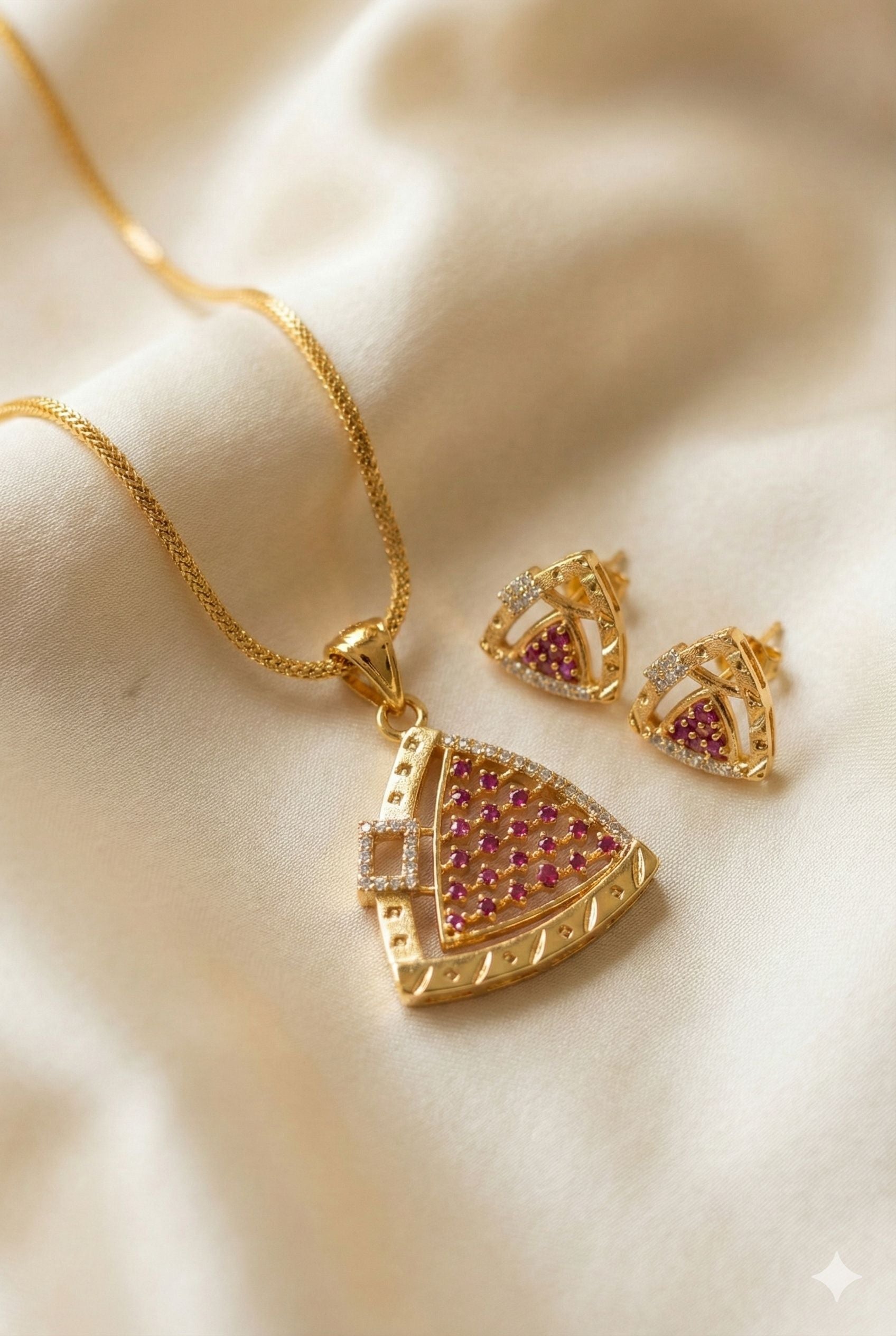 Micro Gold Plated Royal Ruby Triangle -Shaped Pendant Set with Earrings