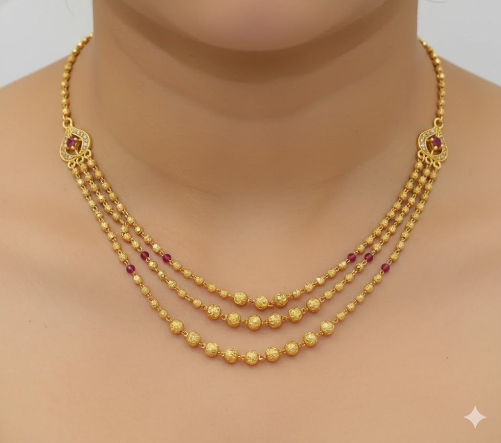 Royal Ruby Triple Layer Gold Bead Necklace