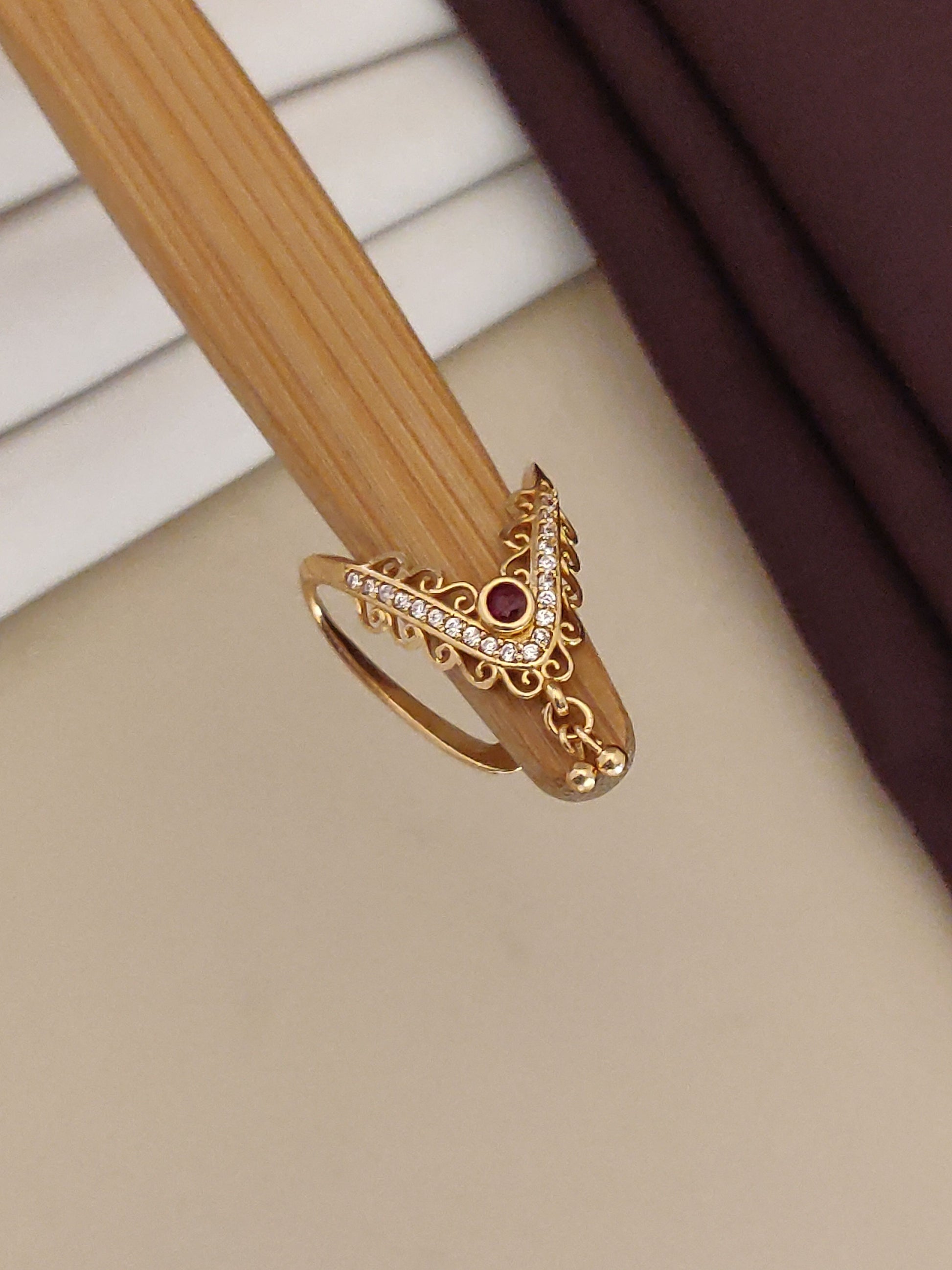 Gold Plated And Diamond Studded Adjustable Ruby Ring