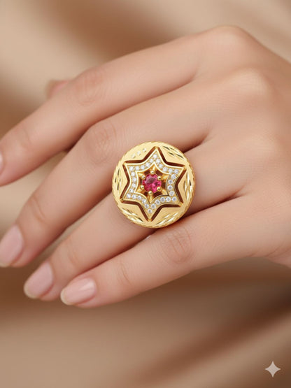 Royal Starburst Ruby Gold-Plated Necklace & Pendant Earring Set with Adjustable Ring