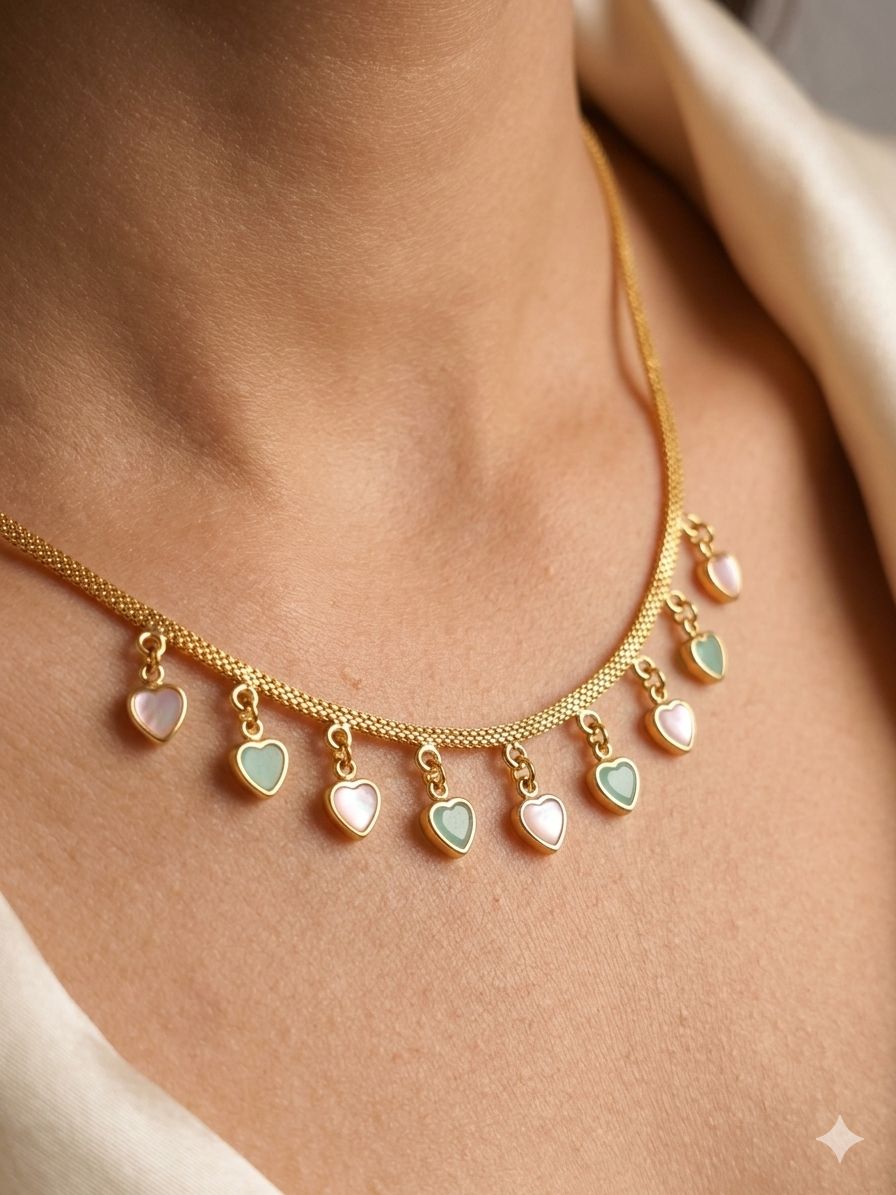 Elegant Heart Charm Pastel Drop Necklace – Micro Gold Plated 18 Inch Brass Chain