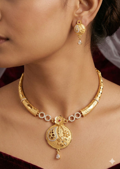Royal Floral Heritage Micro Gold Plated And Necklace Set with Elegant Drop Pendant