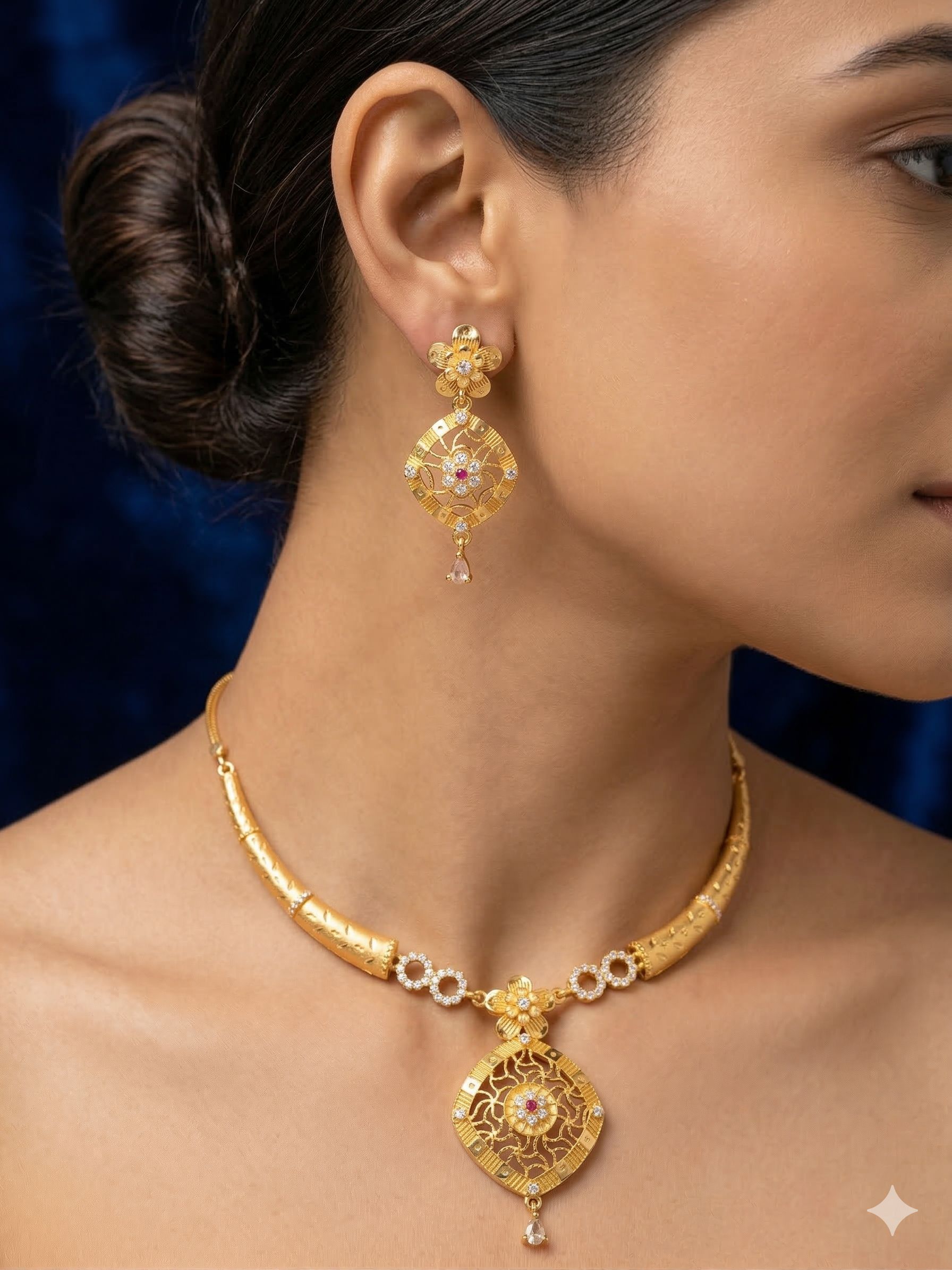 Royal Floral Filigree Micro Gold Plated And Stone Studded Pendant Set with Earrings