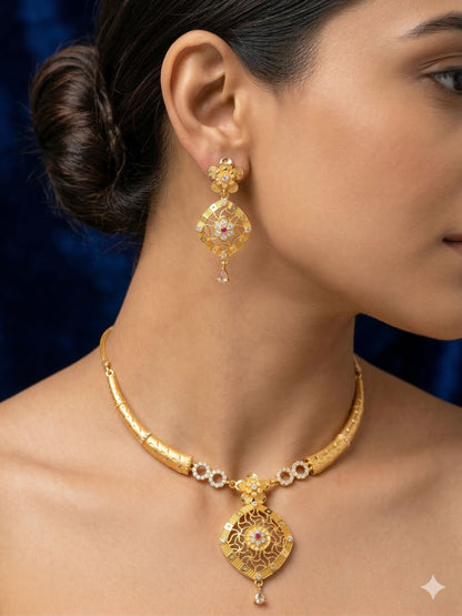 Royal Floral Filigree Micro Gold Plated And Stone Studded Pendant Set with Earrings