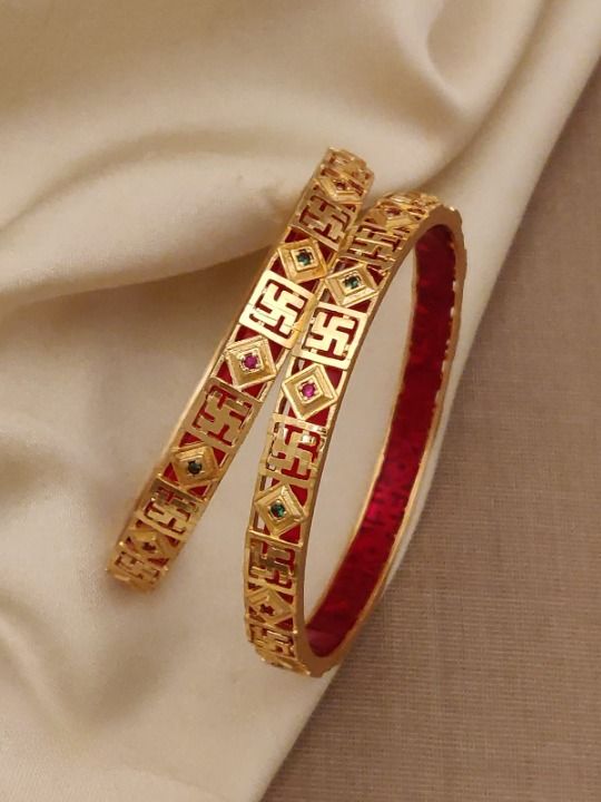 Divine Swastik Micro Gold Plated Kundan Bangles – Traditional Auspicious Design
