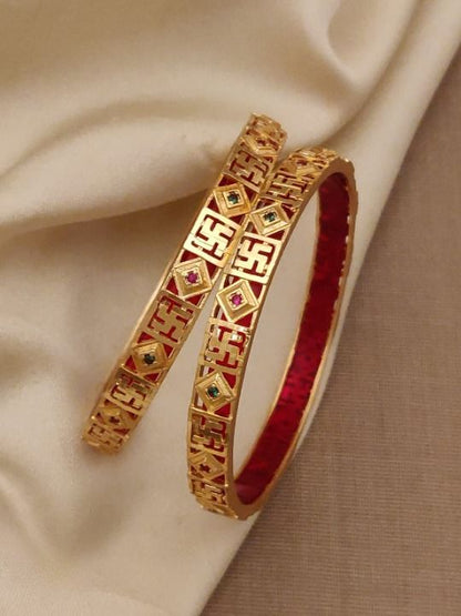 Divine Swastik Micro Gold Plated Kundan Bangles – Traditional Auspicious Design