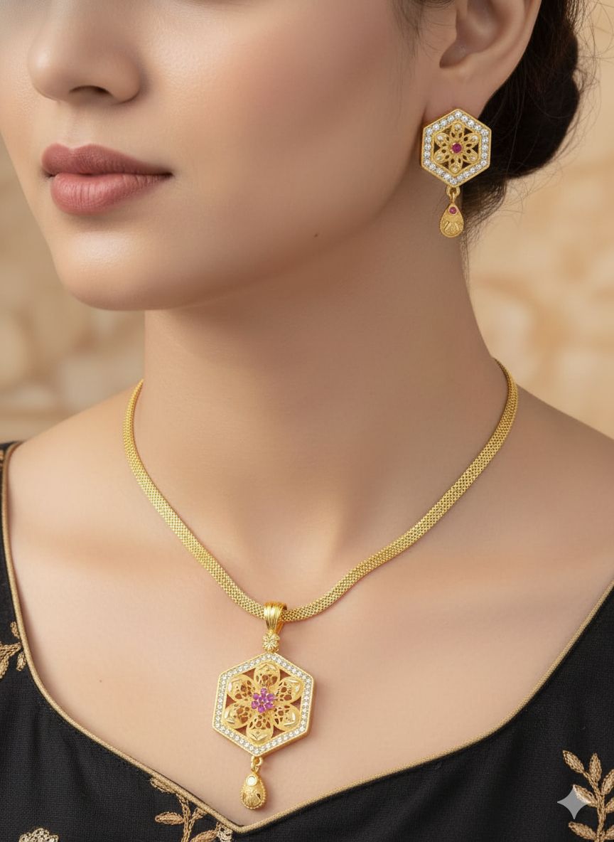 Beautiful Golden Floral And Diamond Pendant & Earring Set with Elegant Chain