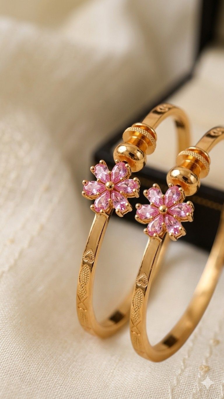 Elegant Gold Plated fancy adjustable light pink Floral bangle with Pink Stone