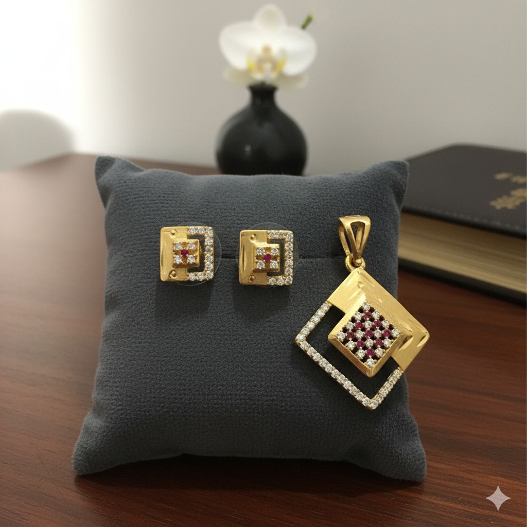 Micro Gold Plated And Diamond Studded Fancy Square Pendant with Earrings