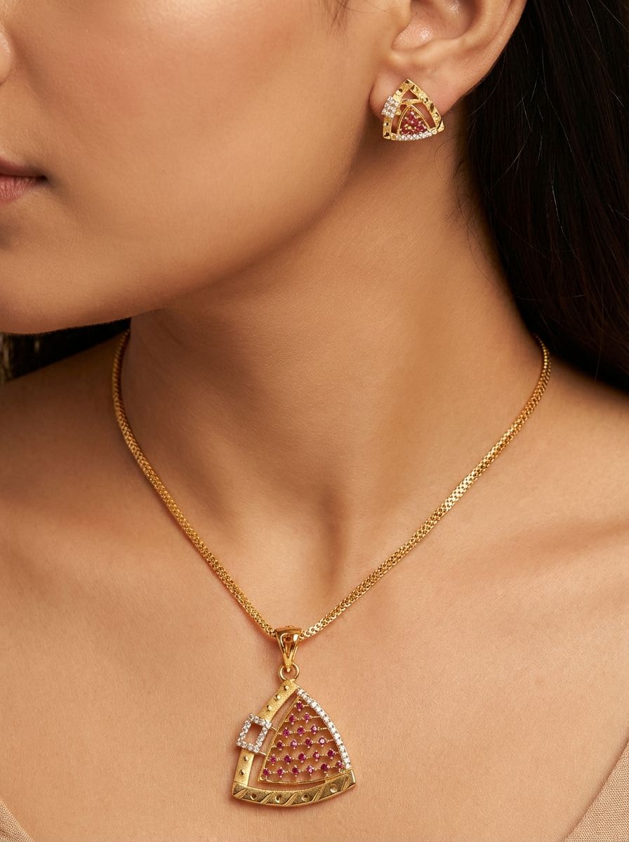 Micro Gold Plated Royal Ruby Triangle -Shaped Pendant Set with Earrings