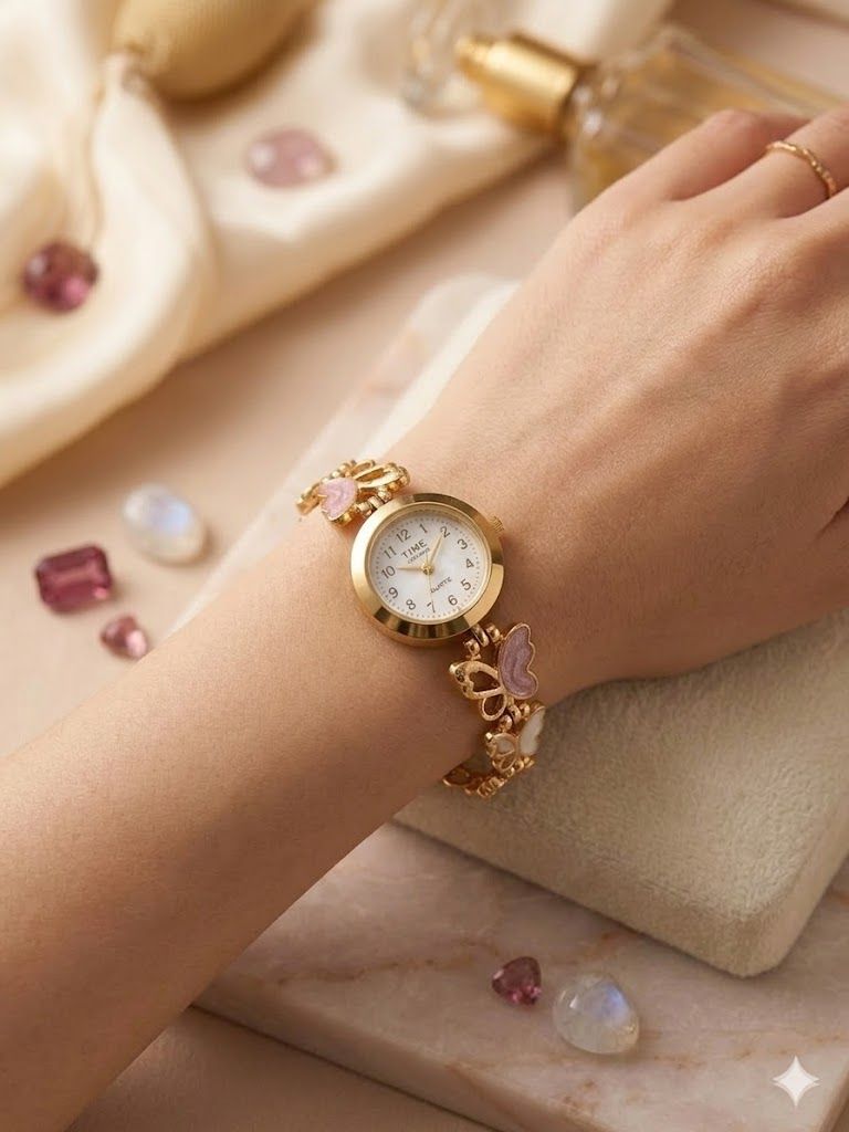 Elegant Butterfly Charm Gold Plated Adjustable Ladies Bracelet Watch