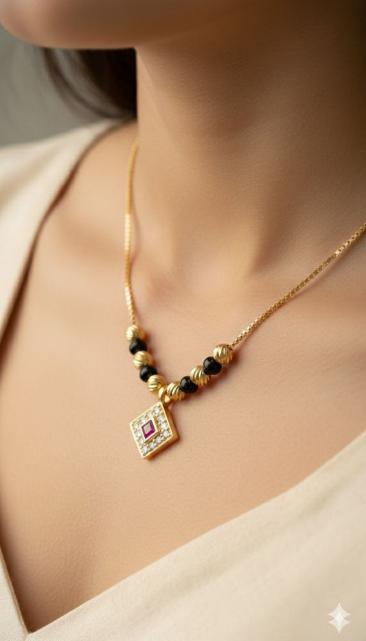 Elegant Ruby Square Charm Gold-Plated Mangalsutra Necklace