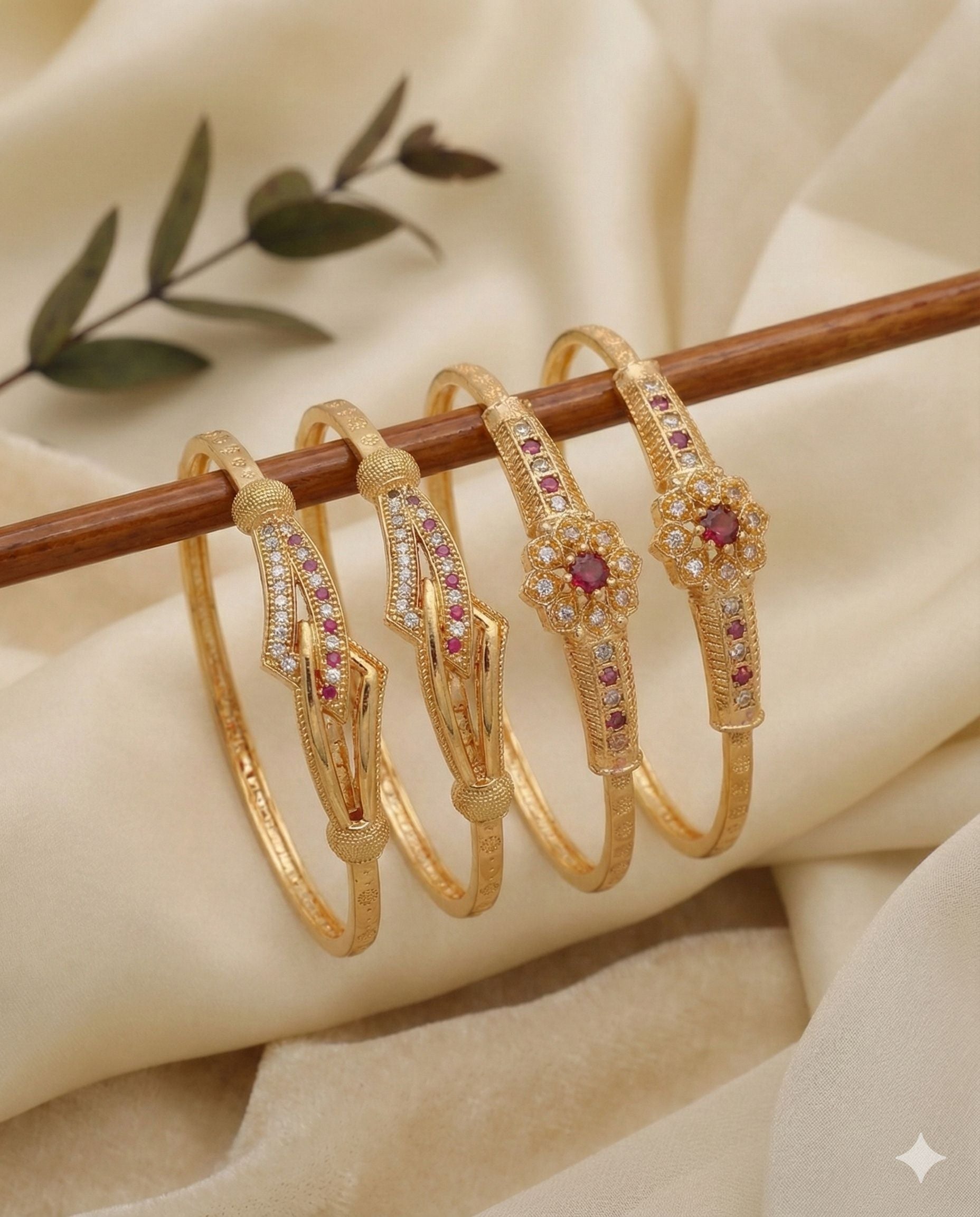 Micro Gold Plated Daily Wear And Diamond Studded Adjustable Bangle Combo For Women