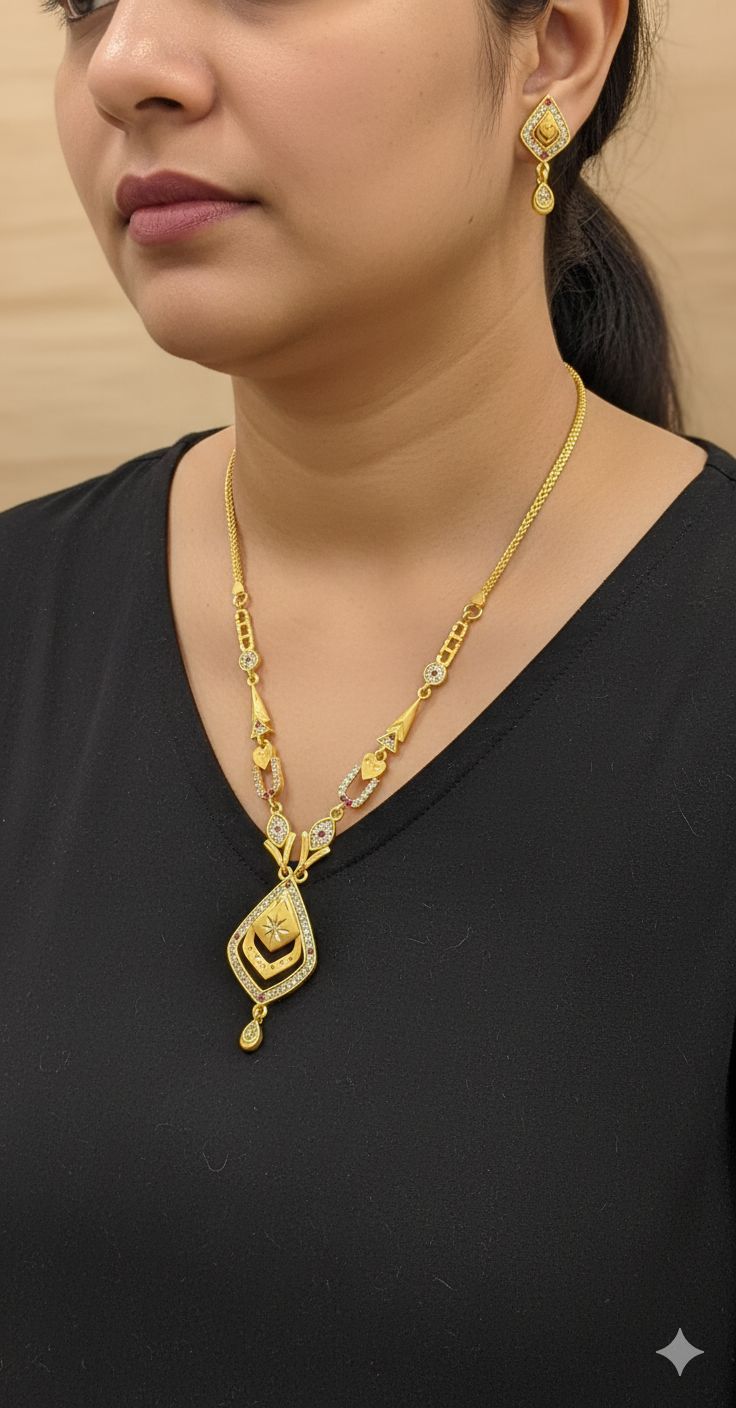 Micro Gold Plated And Diamond Studded Fancy Oval Necklace with Earing