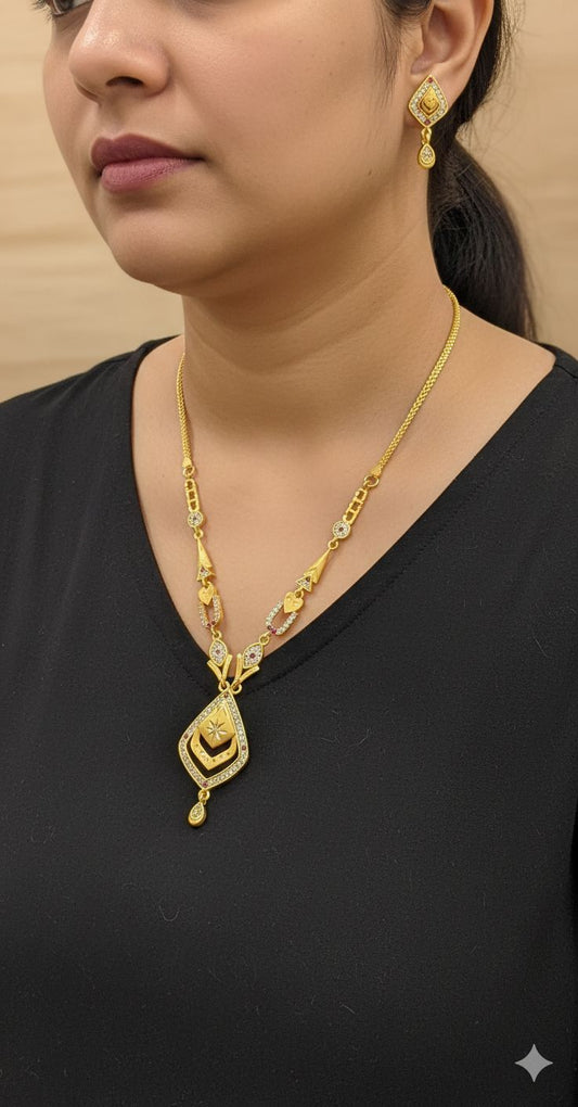 Micro Gold Plated And Diamond Studded Fancy Oval Necklace with Earing