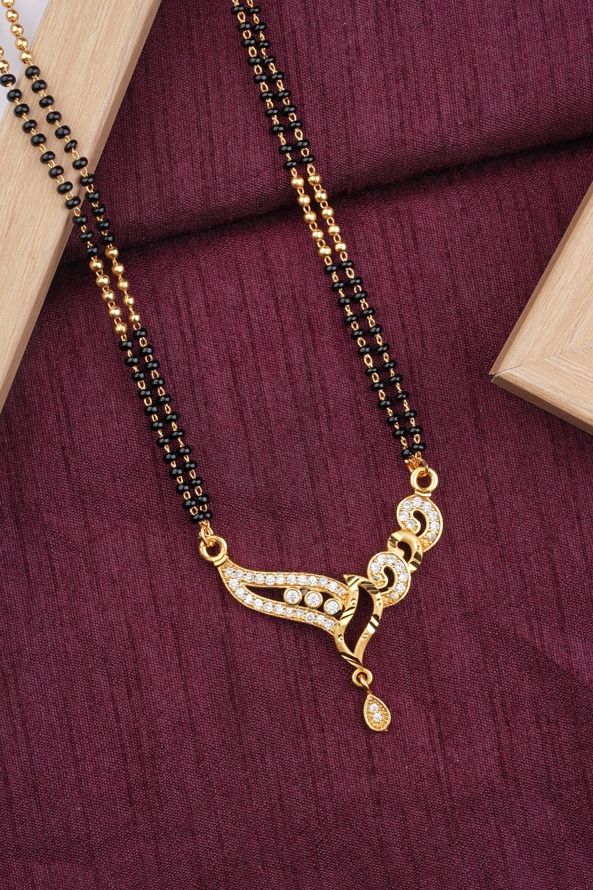 Micro Gold Plated And Diamond Designer Mangalsutra with Curved Pendant(24 Inches)