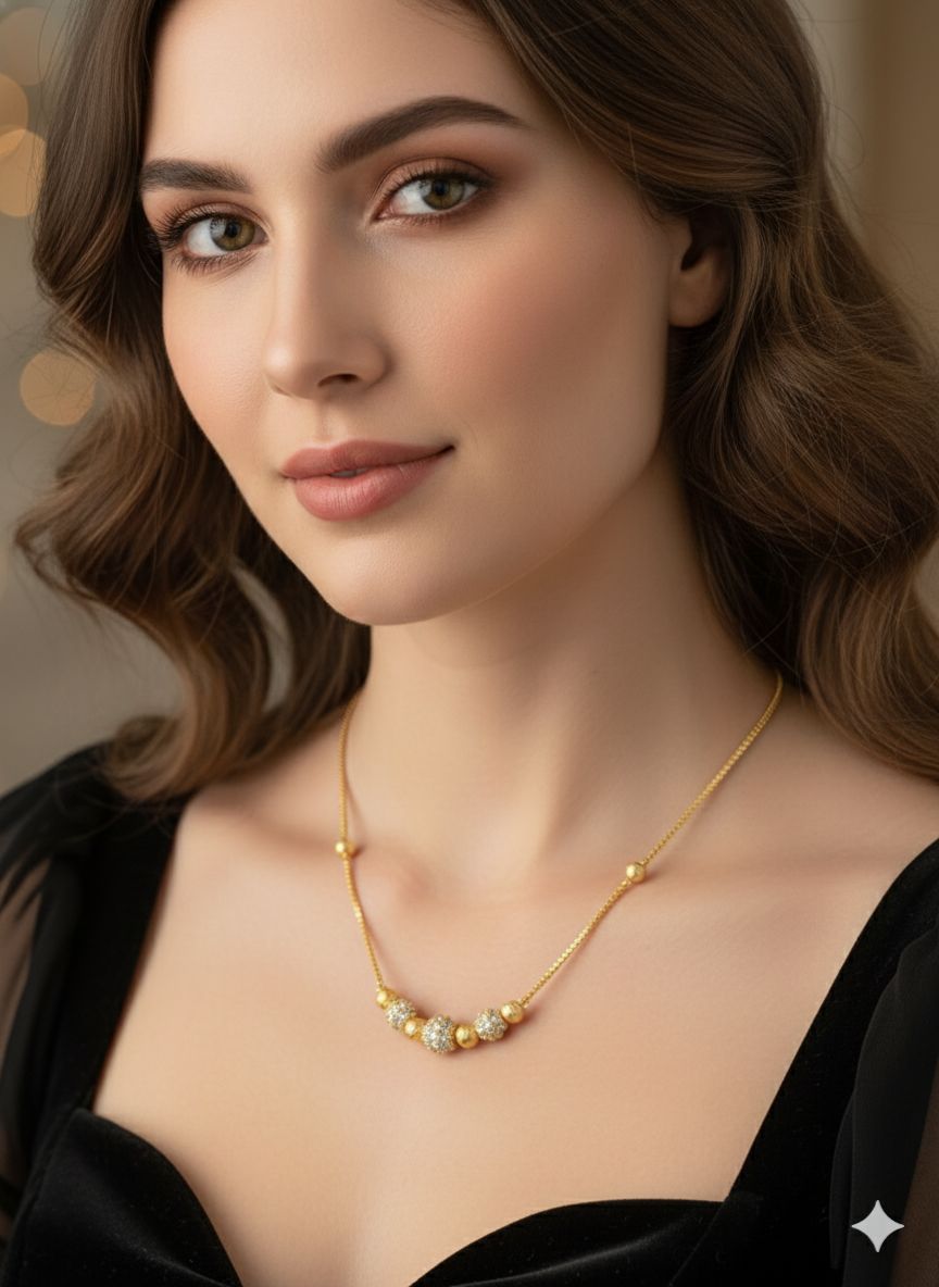 Micro Gold Plated And Diamond Beaded Chain Necklace For Women