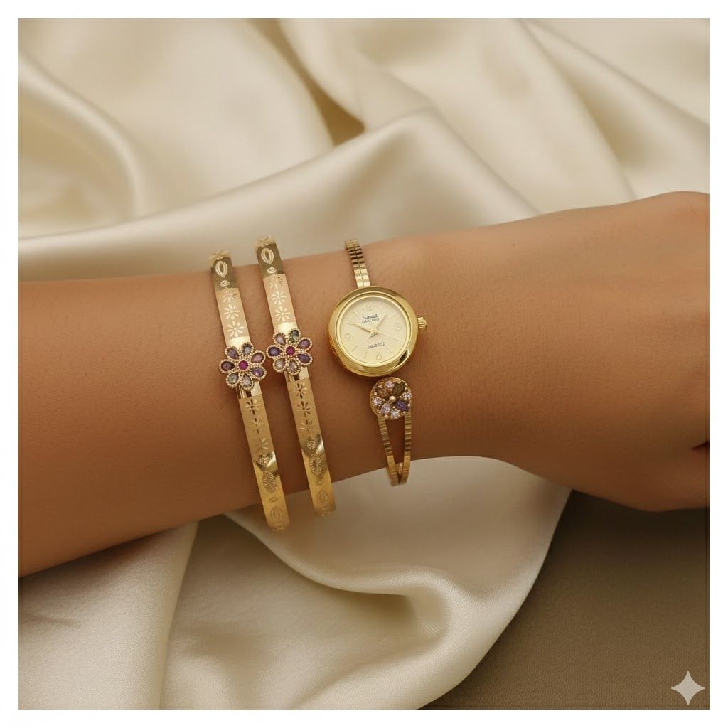 Micro Gold Plated And Diamond Studded Fancy Adjustable Bangle with Adjustable Bracelet Watch