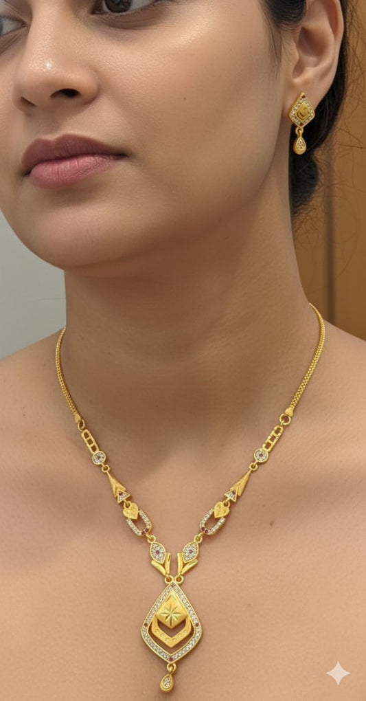 Micro Gold Plated And Diamond Studded Fancy Oval Necklace with Earing