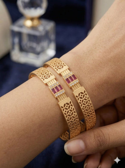 Royal Ruby Lattice Micro Gold Plated AD Stone Studded Designer Bangles (Pair)