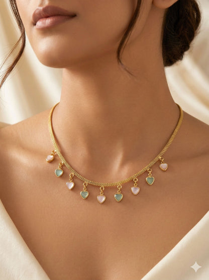 Elegant Heart Charm Pastel Drop Necklace – Micro Gold Plated 18 Inch Brass Chain