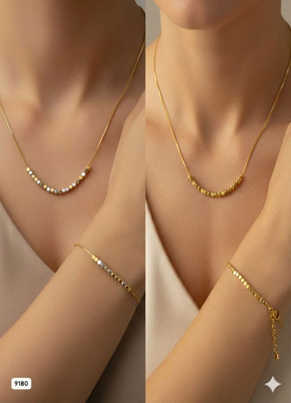 Celestia Dual-Tone Gold Bead 18 Inches Short Chain & Bracelet Set