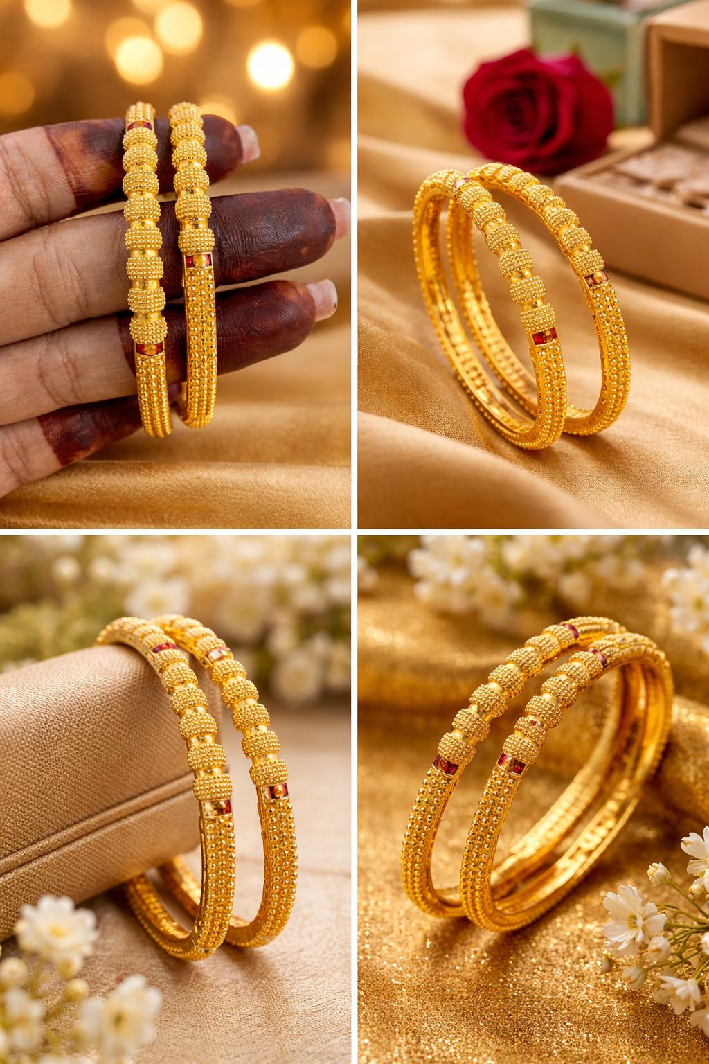 Traditional Textured Gold Kada with Ruby Accents 2 Piece