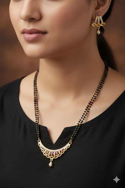 Elegant Curved AD Diamond & Ruby Stone Gold-Plated 24 inches Mangalsutra with earring