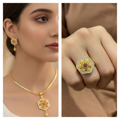 Micro Gold Plated And Diamond Studded Fancy Pendant with Earring