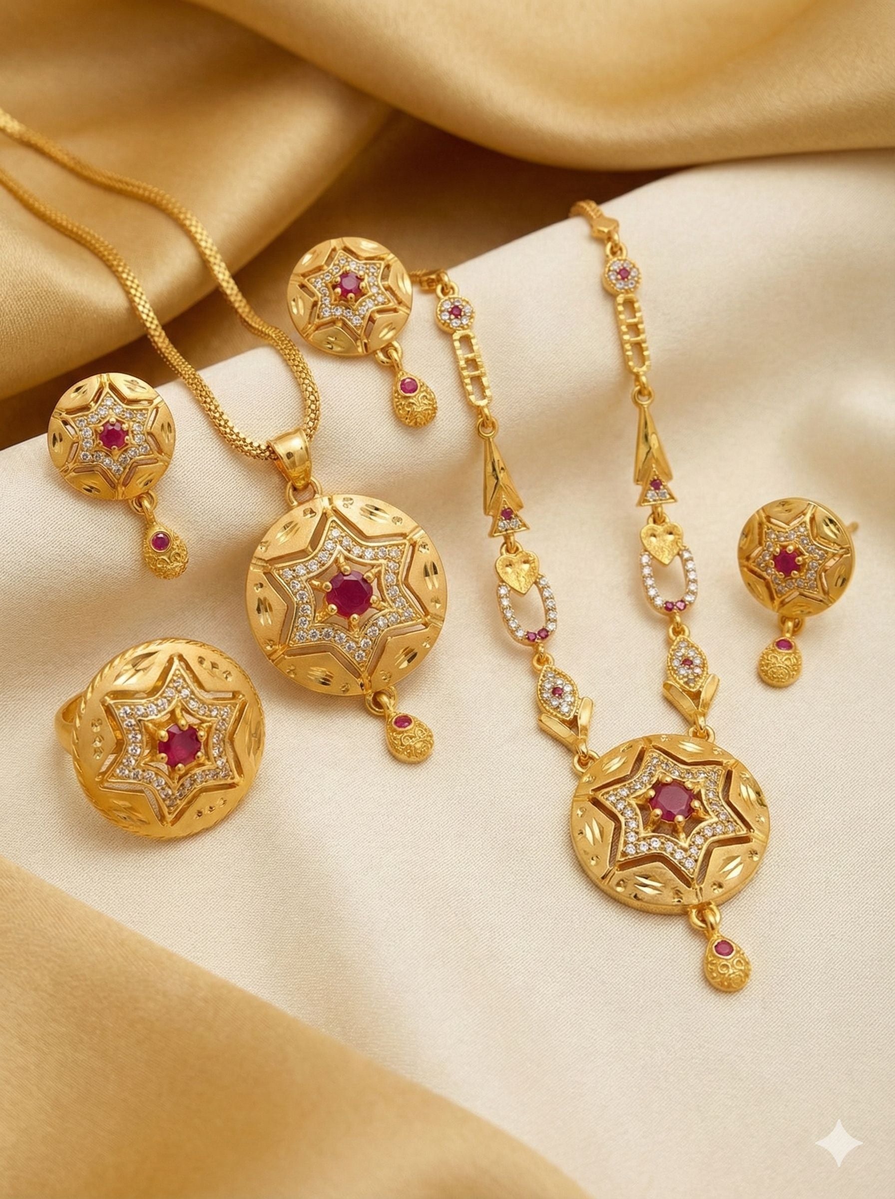 Royal Starburst Ruby Gold-Plated Necklace & Pendant Earring Set with Adjustable Ring