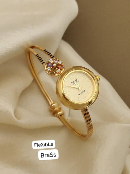 Micro Gold Plated And Diamond Studded Fancy Adjustable Bangle with Adjustable Bracelet Watch
