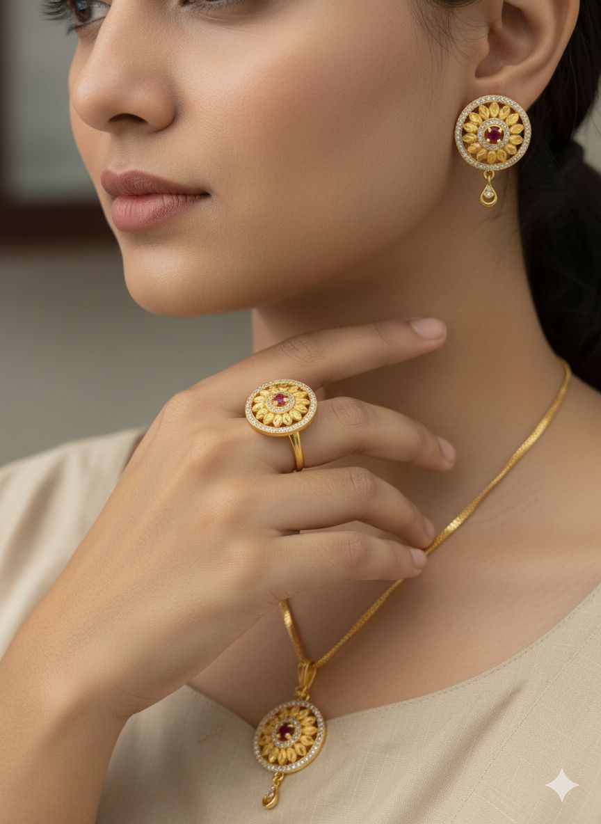 Gold Plated And Diamonds Studded Flower Pendant with Earrings