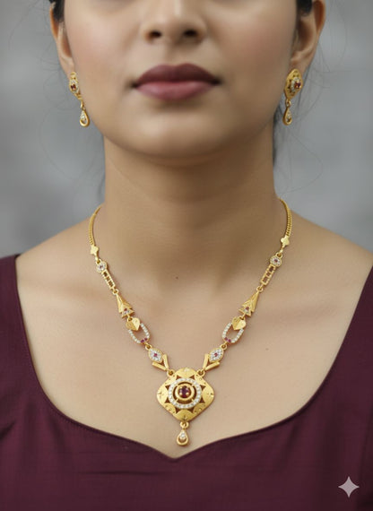 Micro Gold Plated And Diamond Studded Forming Square Necklace with Earrings For Women