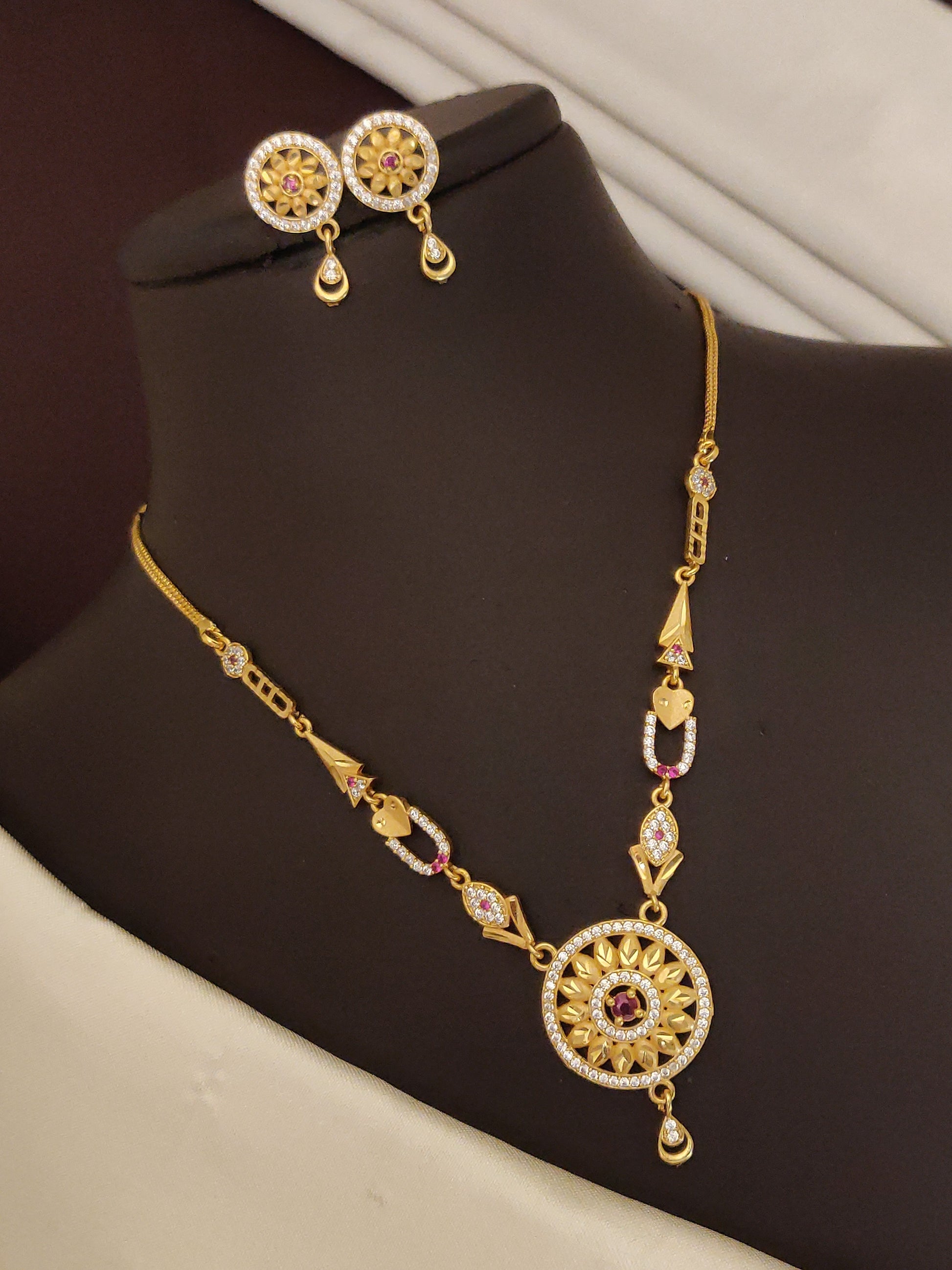 Designer High Gold Plated And Diamond Studded Antique Round Pendant Set with Earrings
