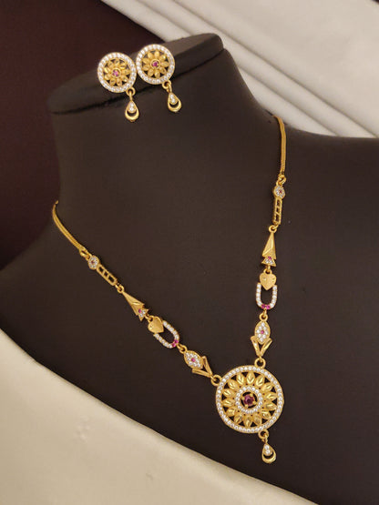 Designer High Gold Plated And Diamond Studded Antique Round Pendant Set with Earrings