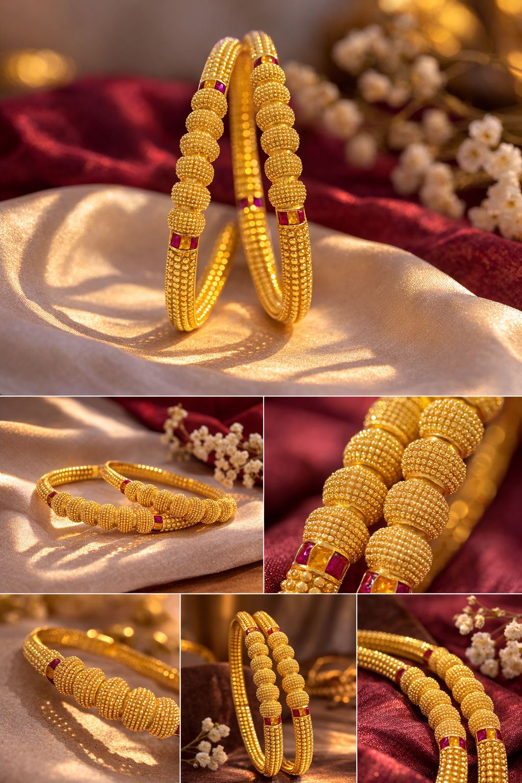 Traditional Textured Gold Kada with Ruby Accents 2 Piece