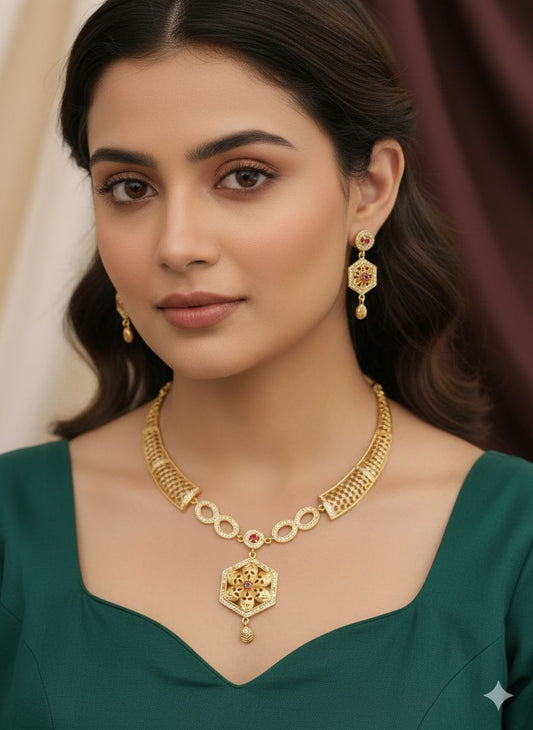 Designer High Gold Plated And Diamond Studded Fancy Flower Necklace with Earring