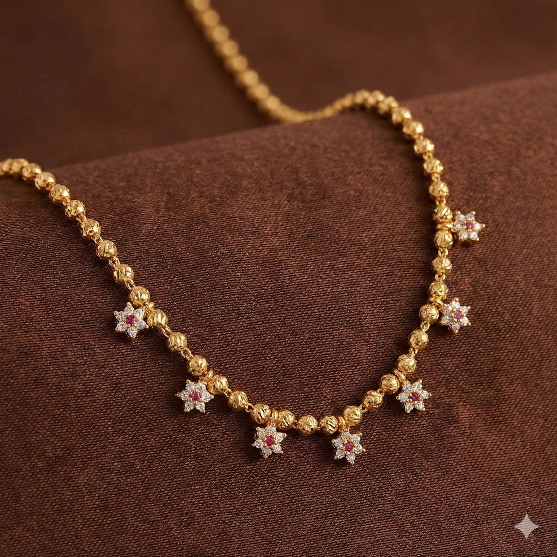 Micro Gold Plated Ruby–Emerald Floral Layered 3 Chain Combo