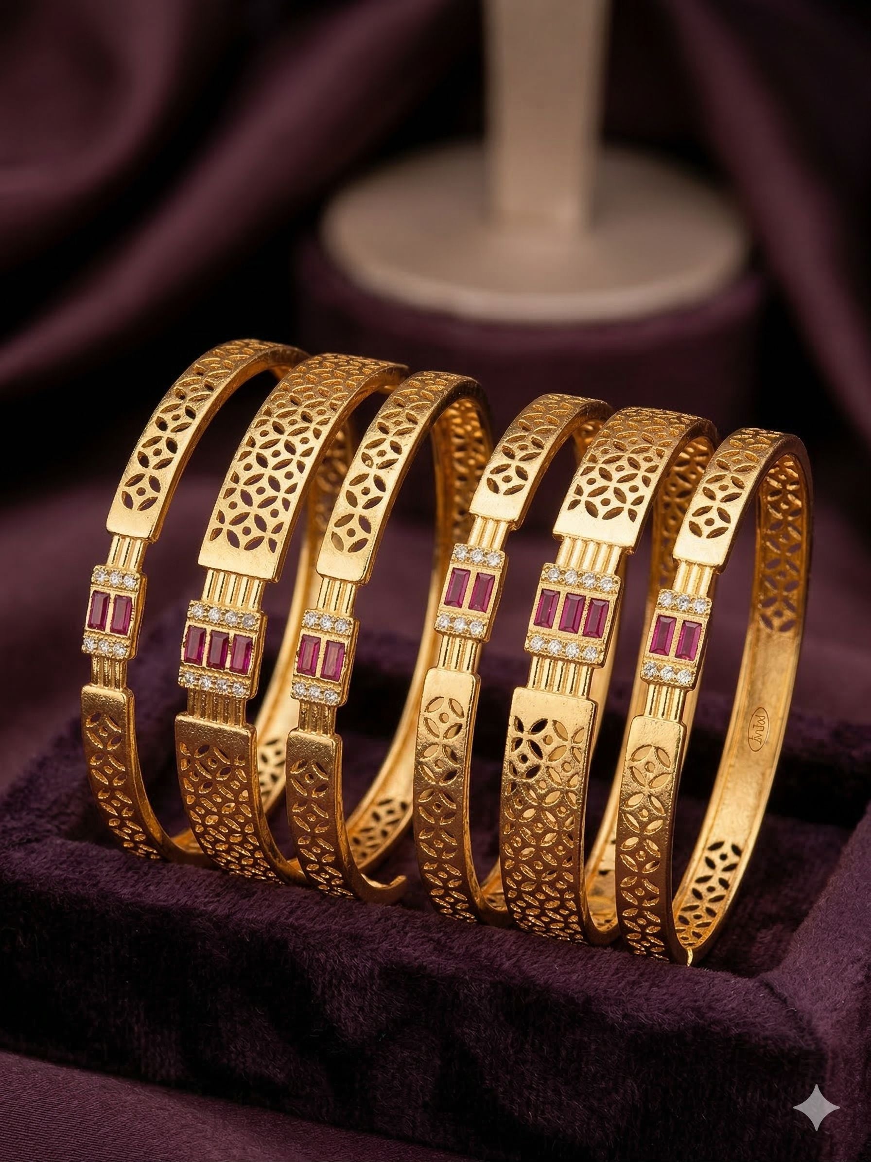 Micro Gold Plated  Designer And Diamonds 6 Pcs Bangles