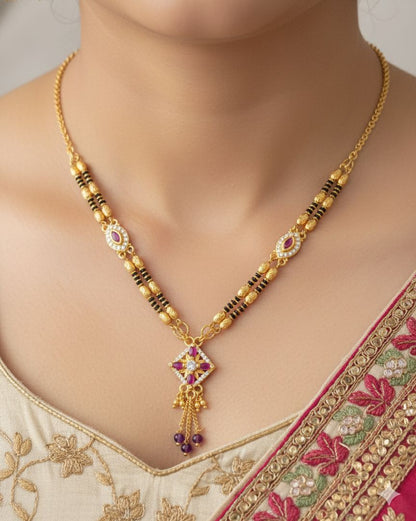 Micro Gold Plated And Diamond Square Pendant Mangalsutra with Ruby Accents