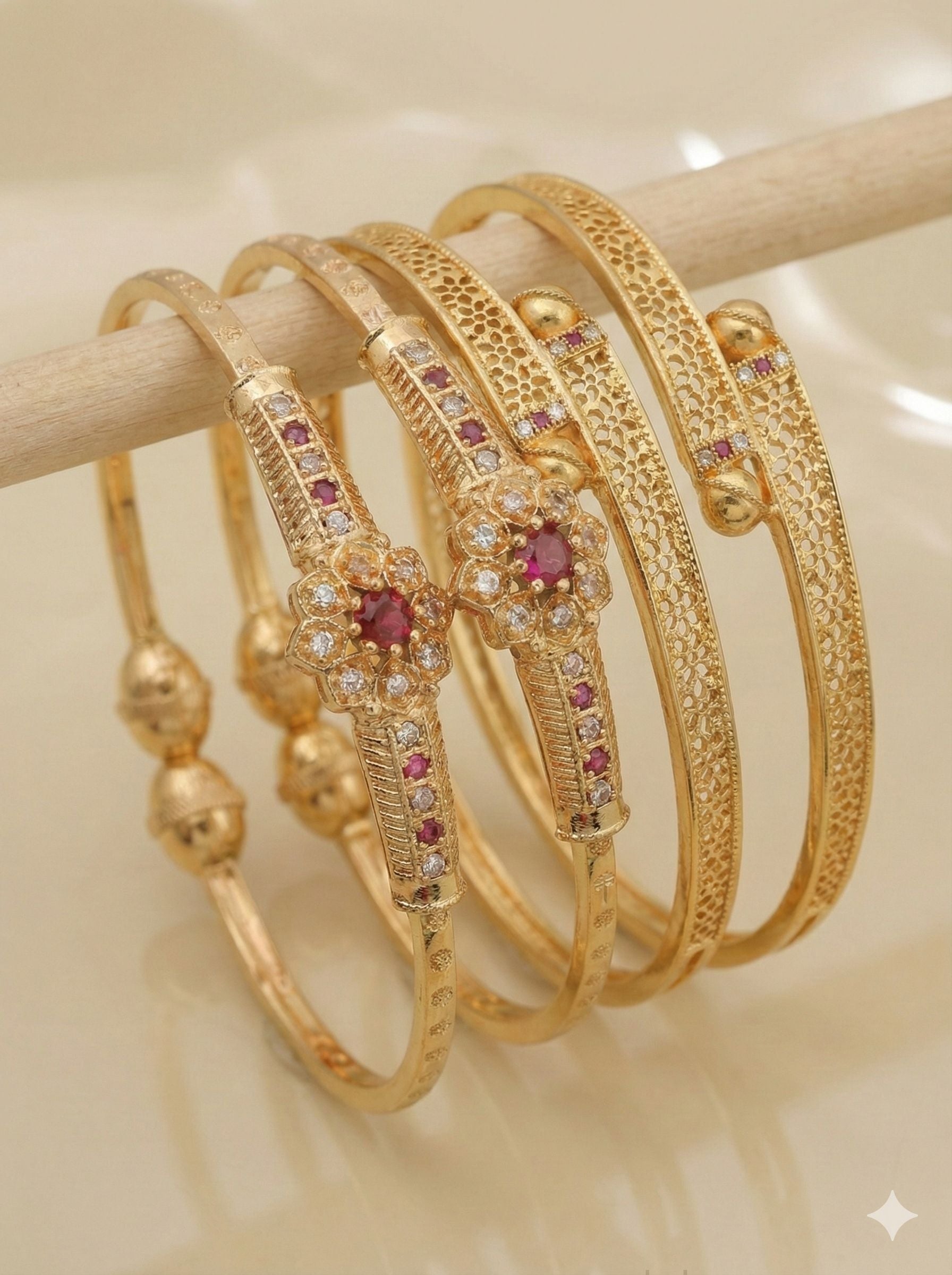 Micro Gold Plated And Diamond Studded Floral Designer Bangle Set (Pack Of 2)